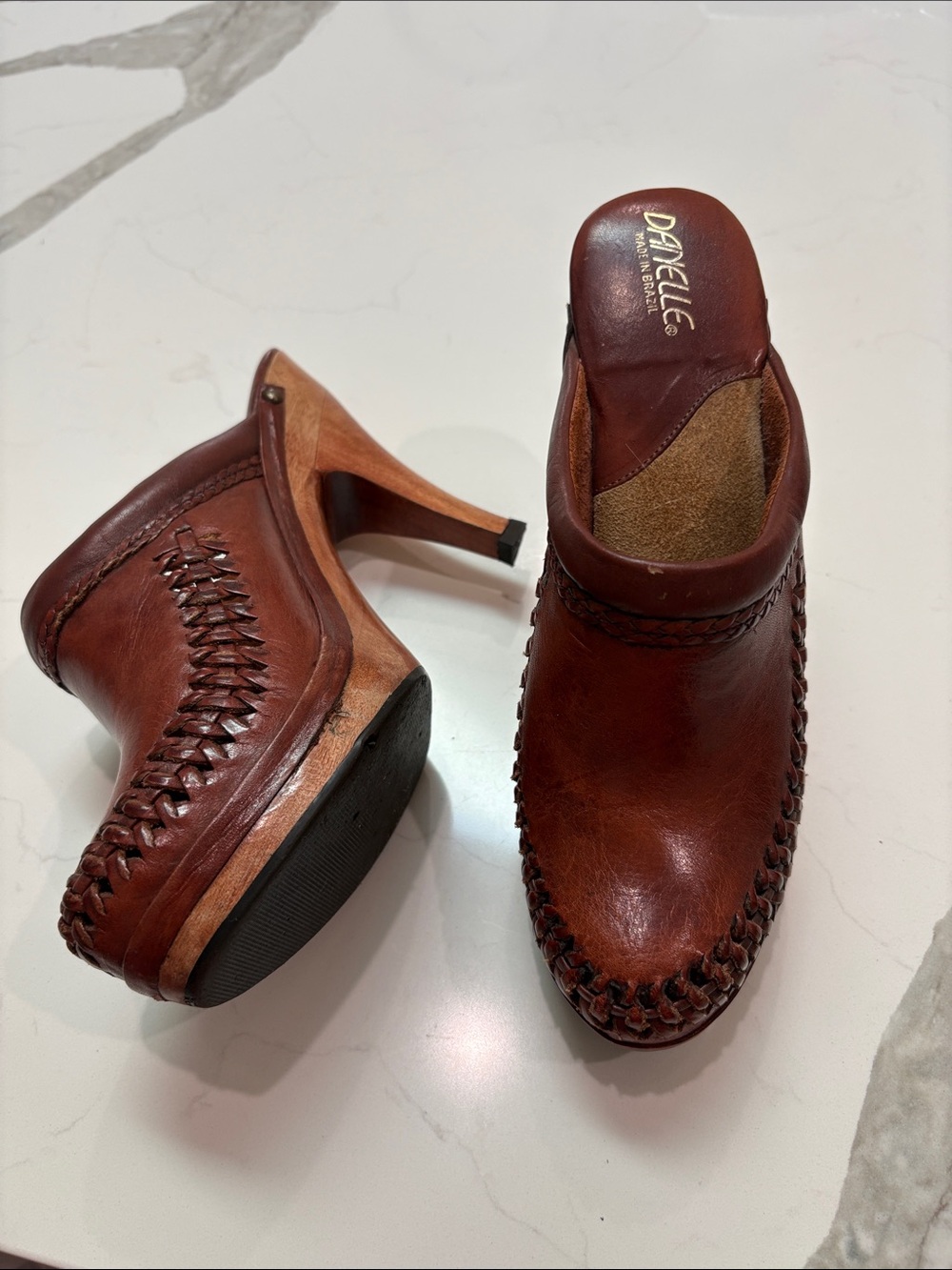 Danelle Women's Brown Leather Heeled Clogs with Braided Trim